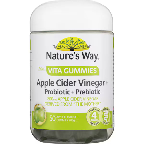 Nature's Way Adult Vita Gummies Apple Cider Vinegar Probiotic Prebiotic 50 pack – apple-flavored gummy vitamins for gut health and digestion support.