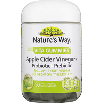 Nature's Way Adult Vita Gummies Apple Cider Vinegar Probiotic Prebiotic 50 pack – apple-flavored gummy vitamins for gut health and digestion support.