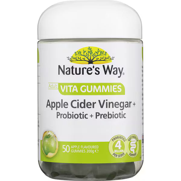 Nature's Way Adult Vita Gummies Apple Cider Vinegar Probiotic Prebiotic 50 pack – apple-flavored gummy vitamins for gut health and digestion support.