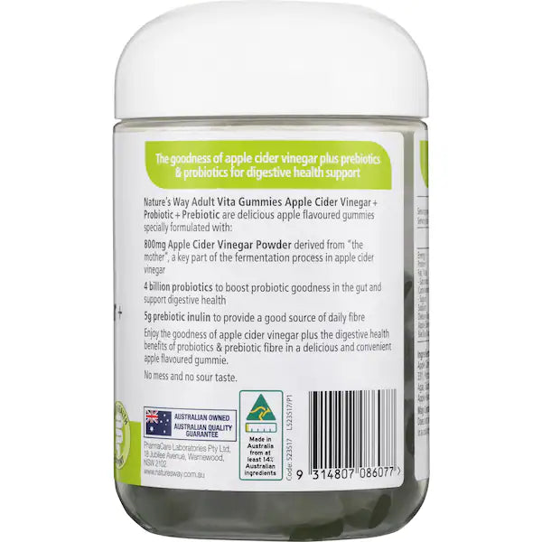 Nature's Way Adult Vita Gummies Apple Cider Vinegar Probiotic Prebiotic 50 pack – apple-flavored gummy vitamins for gut health and digestion support.