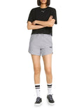 PUMA Essential 5 Inch High Waist Shorts in black with rib waistband, side pockets, and sustainable cotton fabric