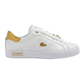 Lacoste Powercourt 2.0 Sneaker in White/Gold, featuring a sleek leather upper with gold accents for a premium, stylish look.