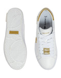 Lacoste Powercourt 2.0 Sneaker in White/Gold, featuring a sleek leather upper with gold accents for a premium, stylish look.