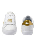 Lacoste Powercourt 2.0 Sneaker in White/Gold, featuring a sleek leather upper with gold accents for a premium, stylish look.