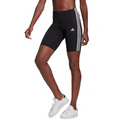 Black athletic shorts with white stripes worn by a person on a white background