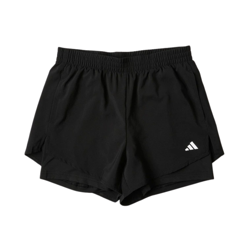 Black athletic shorts with a white logo on a white background