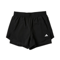 Black athletic shorts with a white logo on a white background