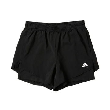 Black athletic shorts with a white logo on a white background