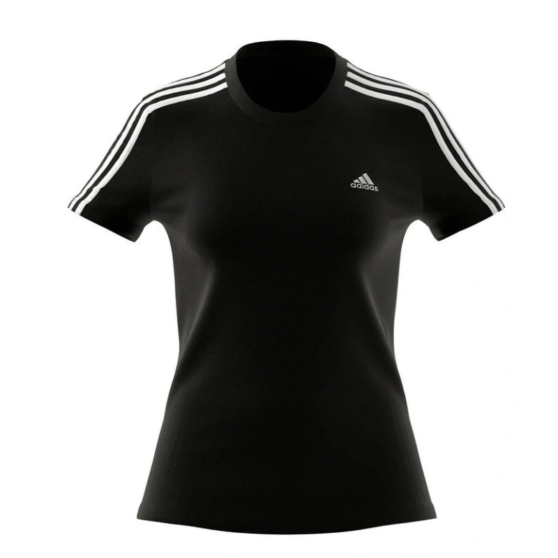 Black t-shirt with Adidas logo and stripes on a white background