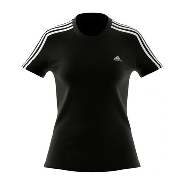 Black t-shirt with Adidas logo and stripes on a white background