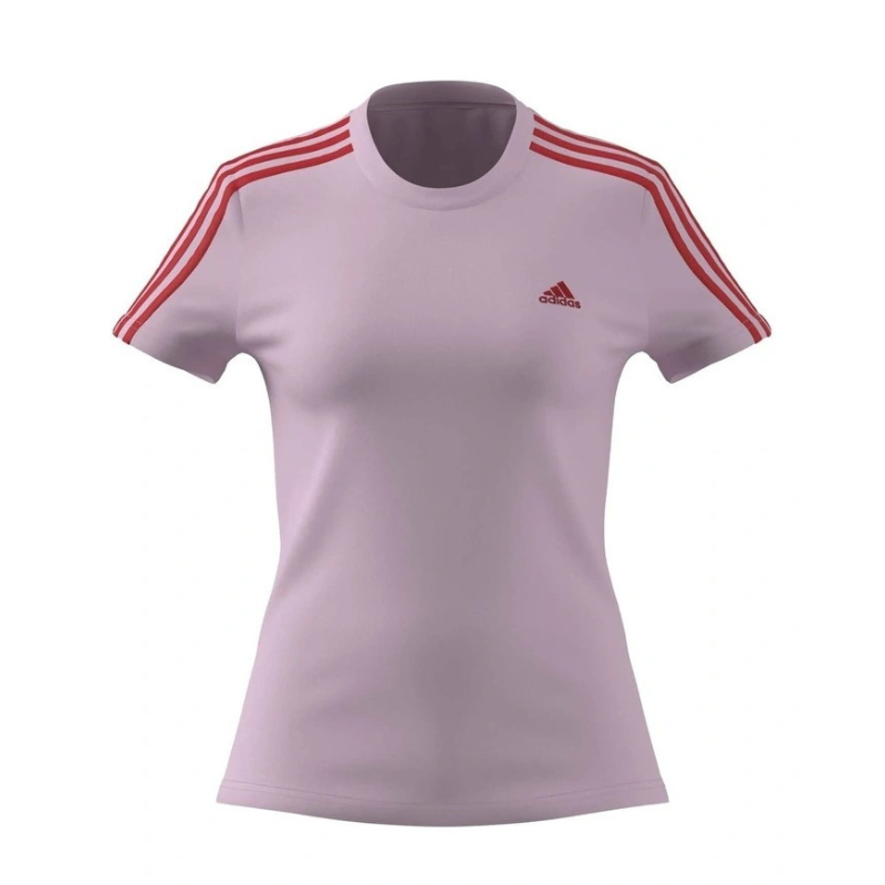 Light purple t-shirt with red stripes on sleeves and Adidas logo on a white background