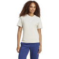 Person wearing a beige t-shirt with a logo and blue pants on a white background