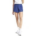 Person wearing blue athletic shorts with a white logo on a white background