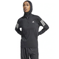 Person wearing a black Adidas hoodie and shorts on a white background
