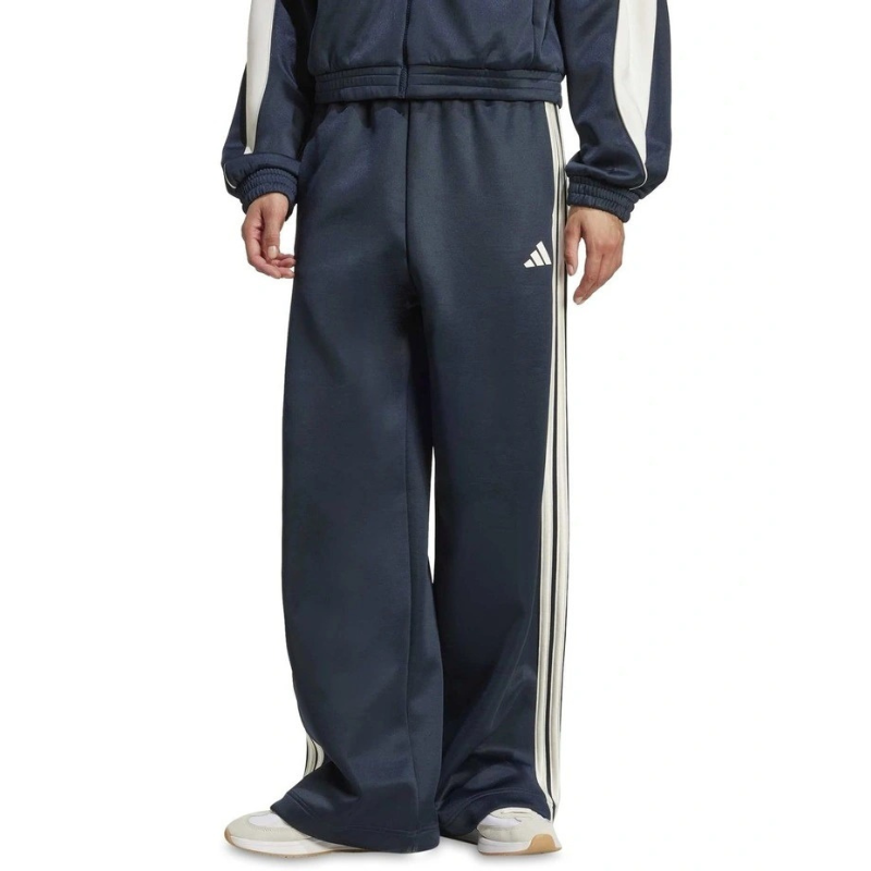 Navy tracksuit with white stripes and Adidas logo on a white background