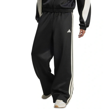 Black tracksuit with white stripes and Adidas logo on a white background