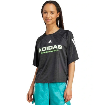 Person wearing a black Adidas Sportswear t-shirt on a white background