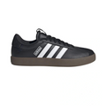 Black Adidas sneaker with white stripes on a white background