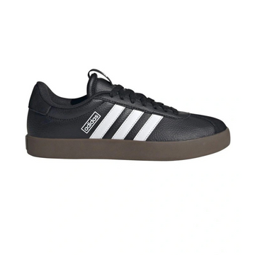 Black Adidas sneaker with white stripes on a white background