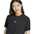 Person wearing a black Adidas t-shirt on a white background
