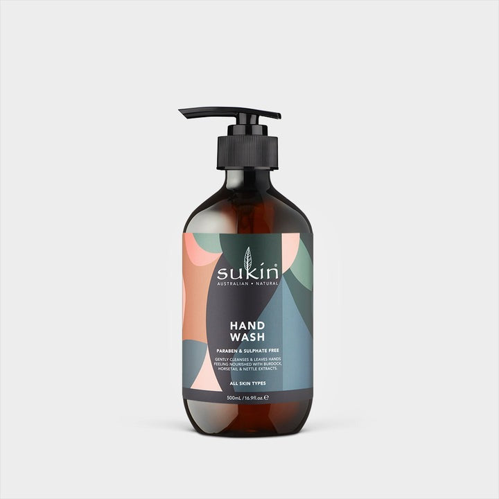 Sukin hand wash bottle on a light gray background