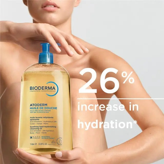 Bioderma Atoderm Shower Oil Cleanser for dry skin with niacinamide and plant biolipids.