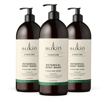 Three bottles of Sukin Botanical Body Wash on a white background
