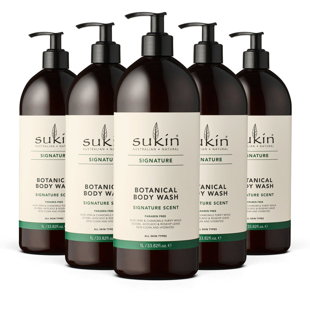 Five bottles of Sukin Botanical Body Wash on a white background