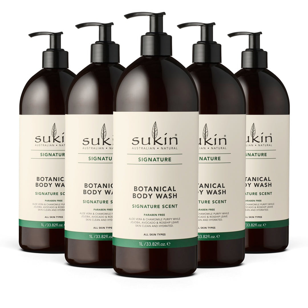Five bottles of Sukin Botanical Body Wash on a white background