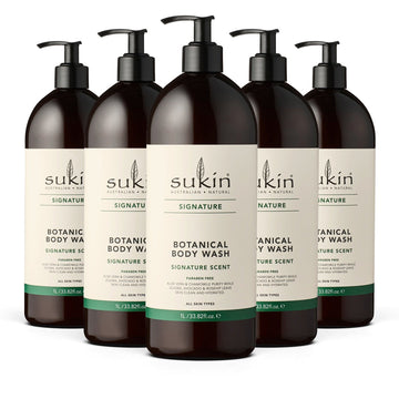 Five bottles of Sukin Botanical Body Wash on a white background