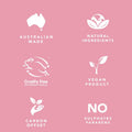 Set of icons and text on a pink background indicating Australian made, natural ingredients, cruelty free, vegan product, carbon offset, and no sulphates or parabens.
