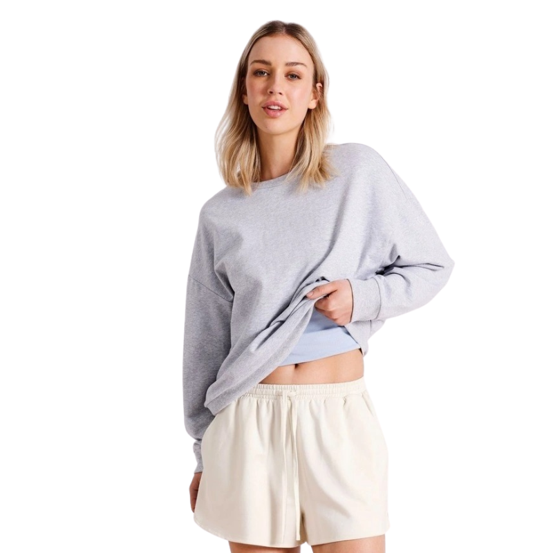 Relaxed fit crew neck top, 57% cotton, 38% modal, 5% elastane, worn by model 177cm, size 8.