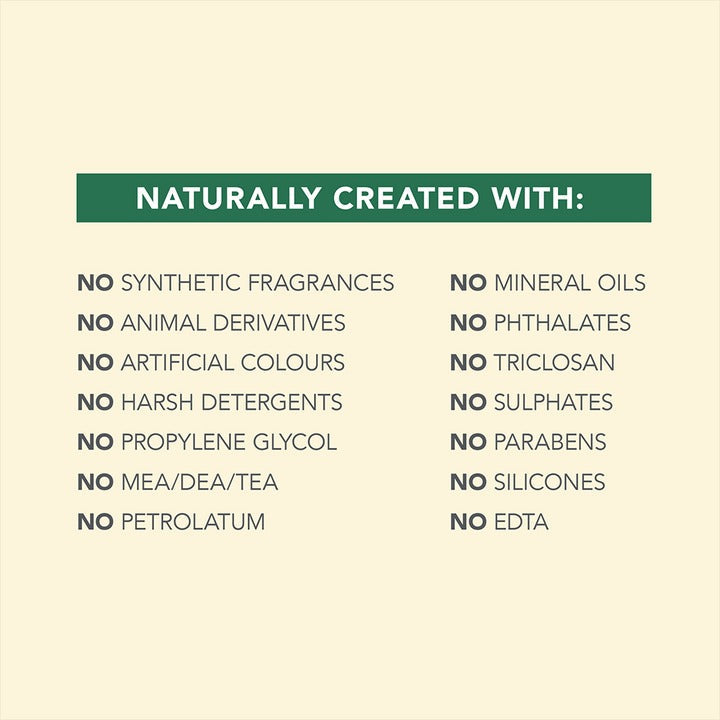 List of natural ingredients not used in a product on a beige background with green text box.