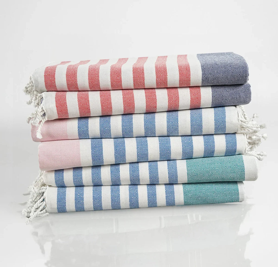 Set of 6 Diamond Turkish Beach Towels - Diamond Multi Stripe