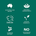 Set of green product labels with icons and text on a green background