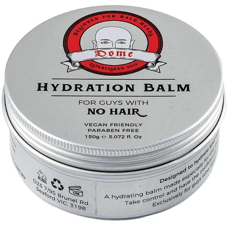 Hydration balm container for bald men with branding and product details on a white background