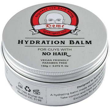 Hydration balm container for bald men with branding and product details on a white background