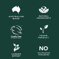 Set of icons and text on a green background indicating Australian made, natural ingredients, cruelty free, vegan product, carbon offset, and no sulfates or parabens.