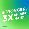 Promotional text on a gradient green and blue background claiming 'Stronger, 3X Shiner Hair'.