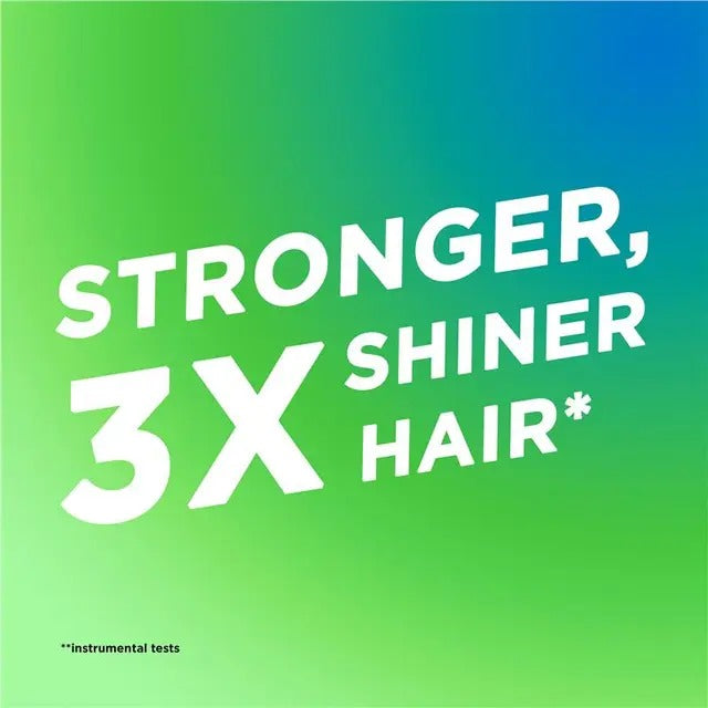 Promotional text on a gradient green and blue background claiming 'Stronger, 3X Shiner Hair'.