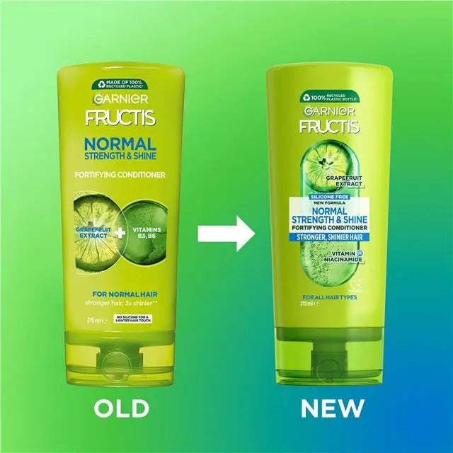 Comparison of an old and new Garnier Fructis conditioner bottle on a gradient green and blue background.