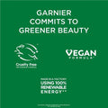 Garnier commitment to greener beauty on a green background with logos and text.