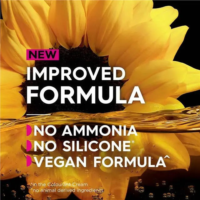 Sunflower with product features text overlay on a black background