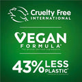 Cruelty Free International logo with vegan formula and plastic reduction claims on a green background