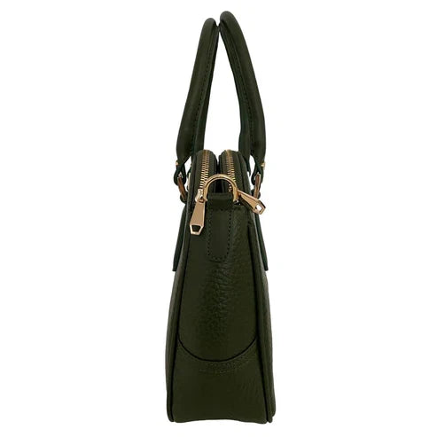 Elegant green leather office bag with detachable shoulder strap, ideal for professionals and business travel.