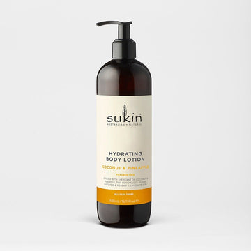 Sukin hydrating body lotion bottle on a light gray background
