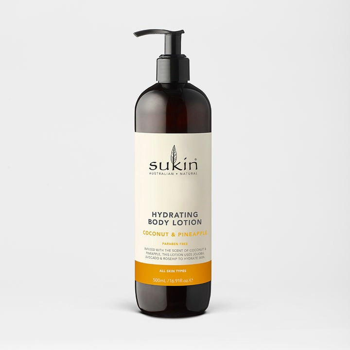Sukin hydrating body lotion bottle on a light gray background