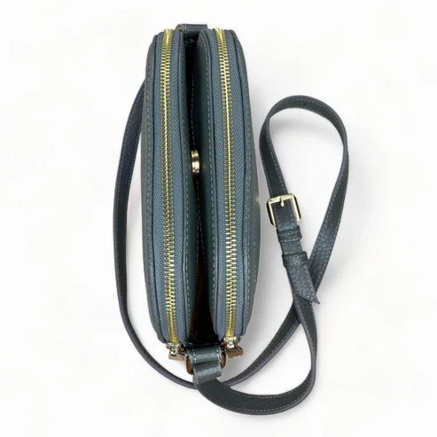 Elegant gray leather women’s shoulder bag and crossbody purse by LeatherLuxe — premium genuine leather handbag with adjustable strap and minimalist modern design.
