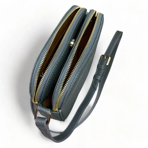 Elegant gray leather women’s shoulder bag and crossbody purse by LeatherLuxe — premium genuine leather handbag with adjustable strap and minimalist modern design.
