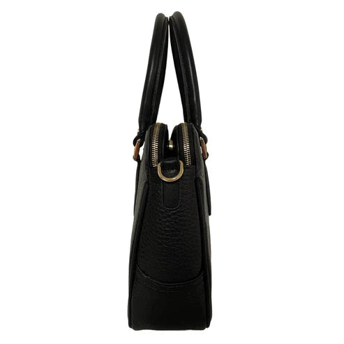 Premium black leather office bag for men and women, professional briefcase with sleek design, durable handle, and spacious compartments for laptop and documents.